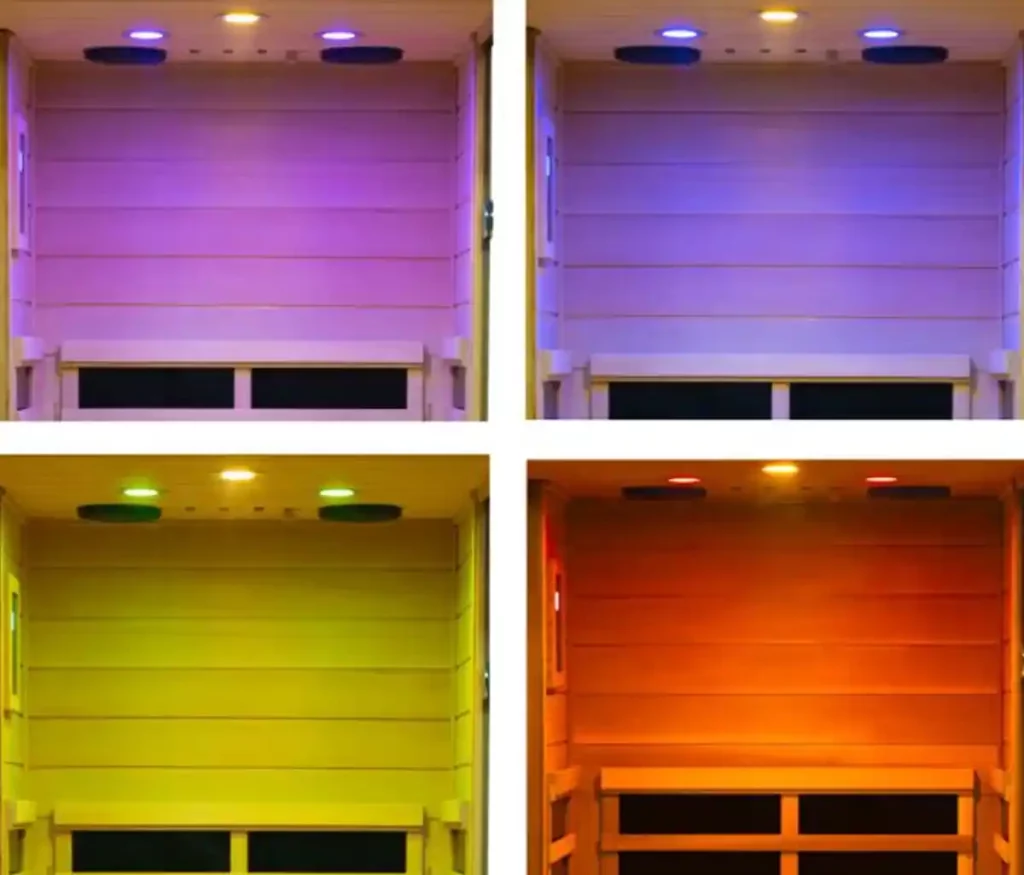 Colorful chromotherapy lights promoting relaxation and wellness through different therapeutic colors.