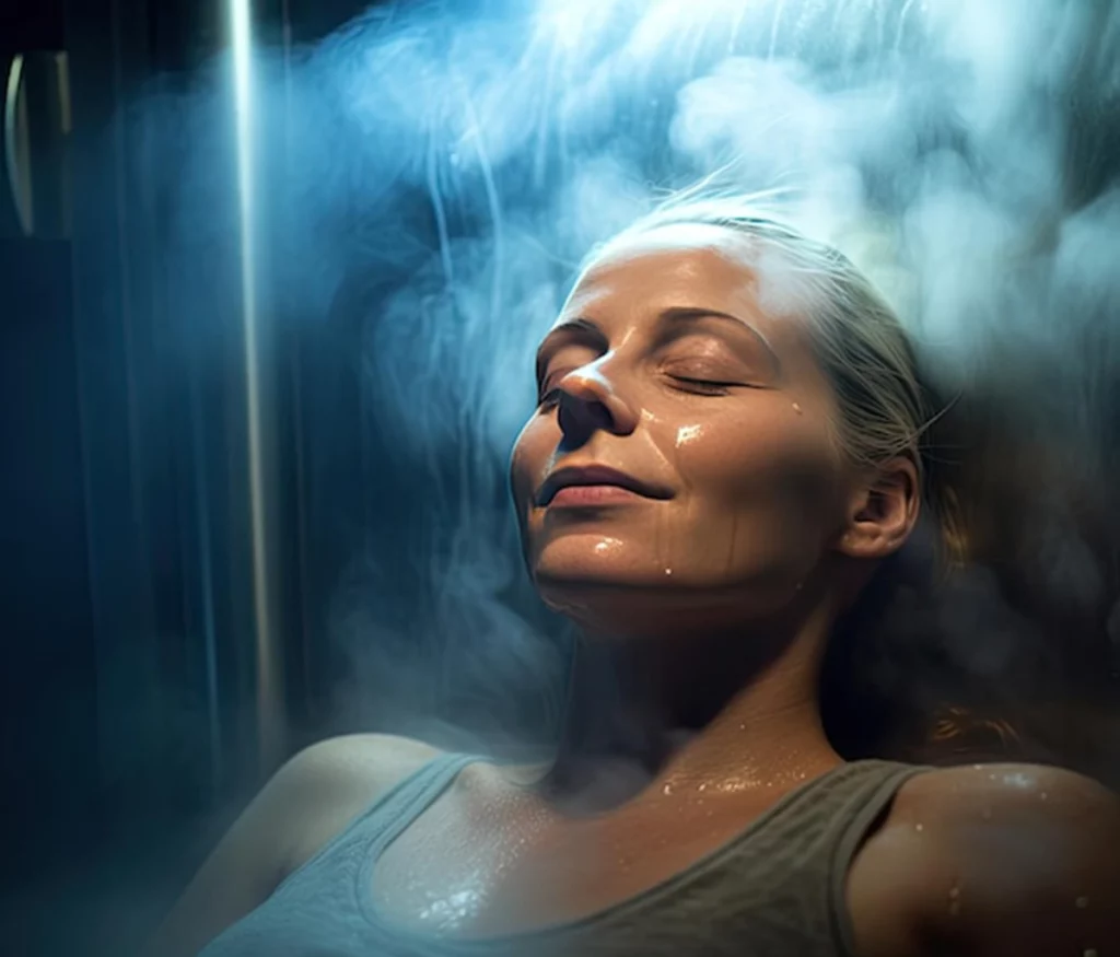A woman relaxing in an infrared sauna with gentle steam, showing what to wear during a sauna session.