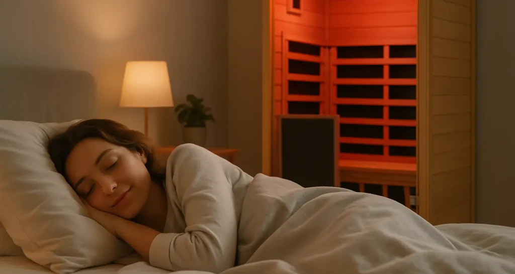 Woman sleeping peacefully in bedroom with red light infrared sauna glowing behind her, symbolizing longevity and biohacking benefits.