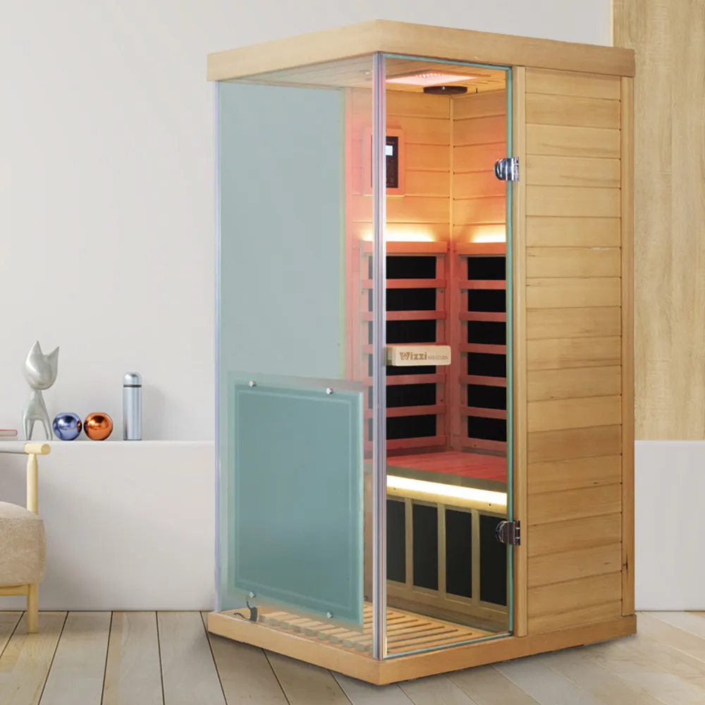 Wizzisaunas 909MHX infrared sauna front view with full-spectrum heating panels