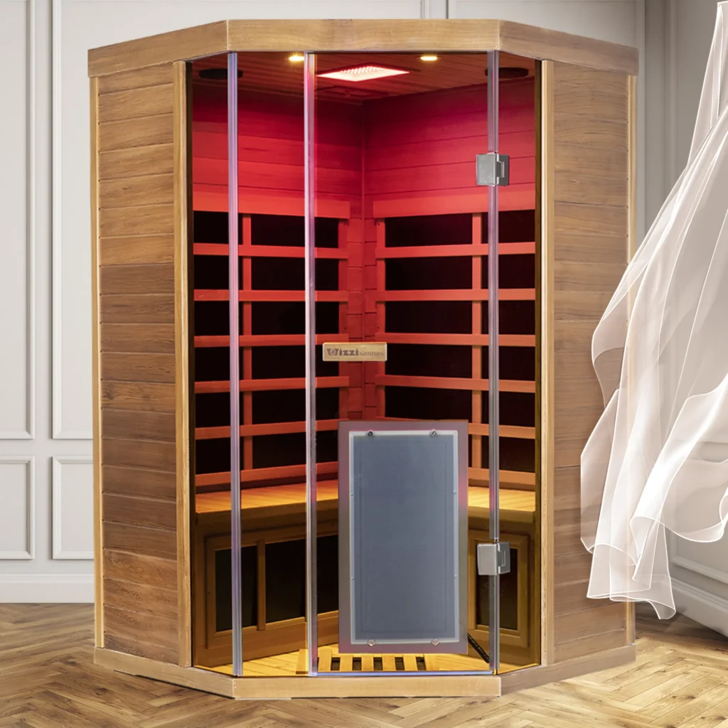 Pentagon-shaped Wizzisaunas S07 full spectrum infrared sauna crafted from Hemlock wood