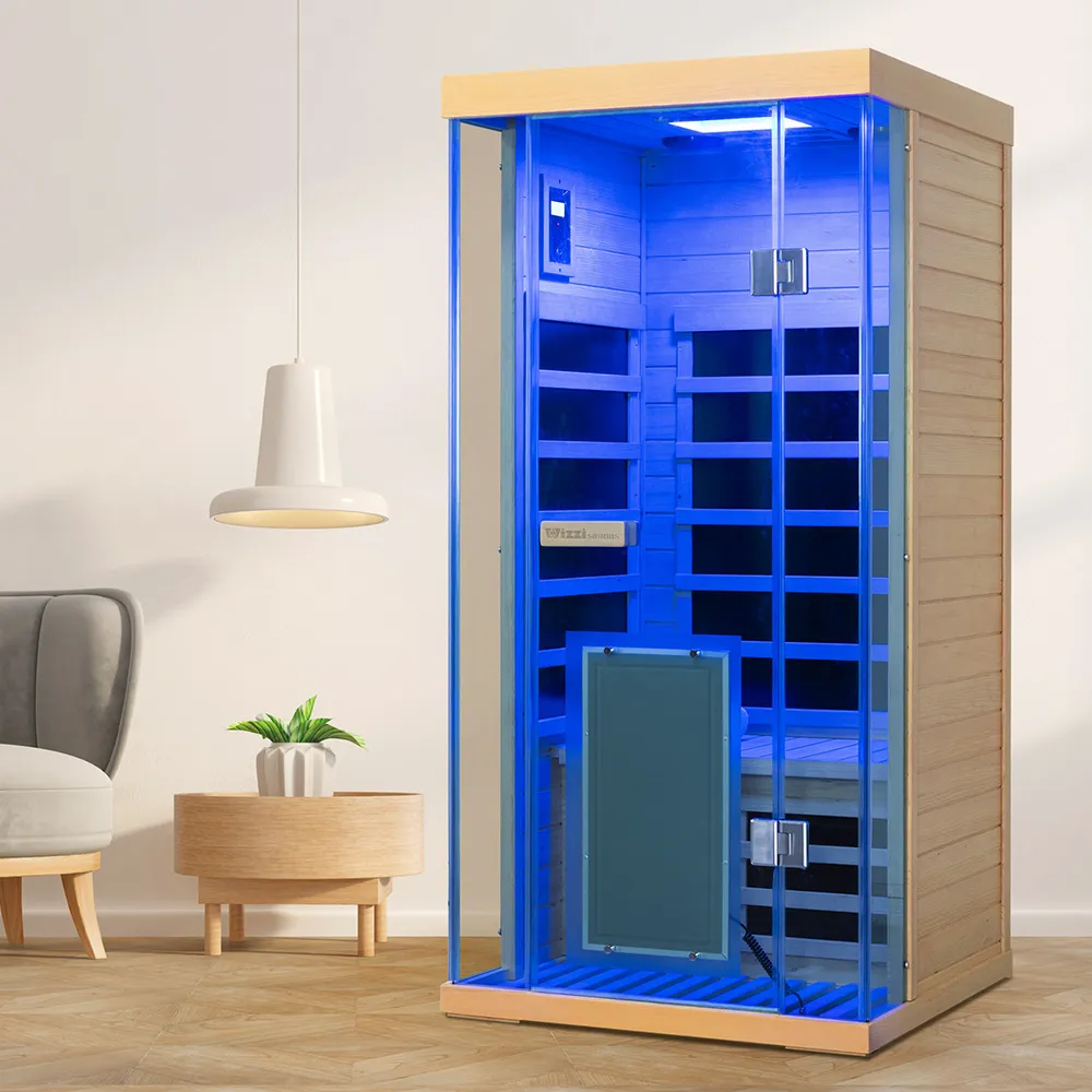 Wizzisaunas S01 full spectrum infrared sauna crafted with premium Hemlock wood, front view